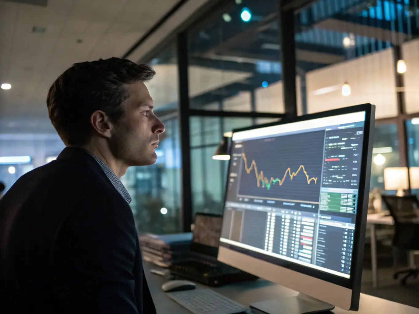 A professional analyzing stock charts on a computer screen with financial data overlays, representing Equity Investment Strategies.