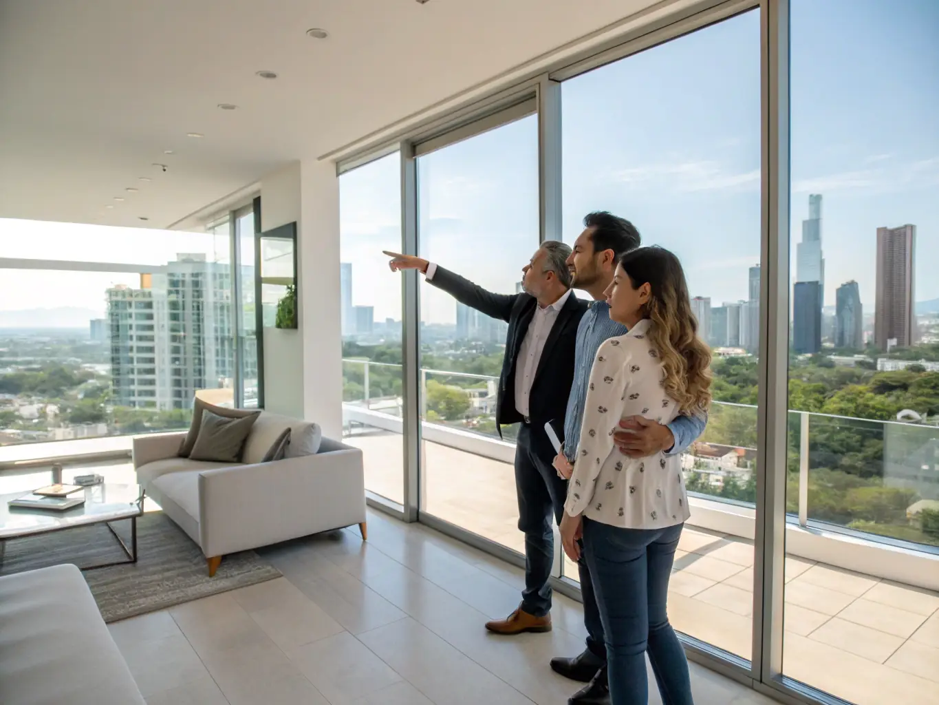 A real estate agent showing a property to a couple, with a city skyline in the background, representing Real Estate Investment Planning.